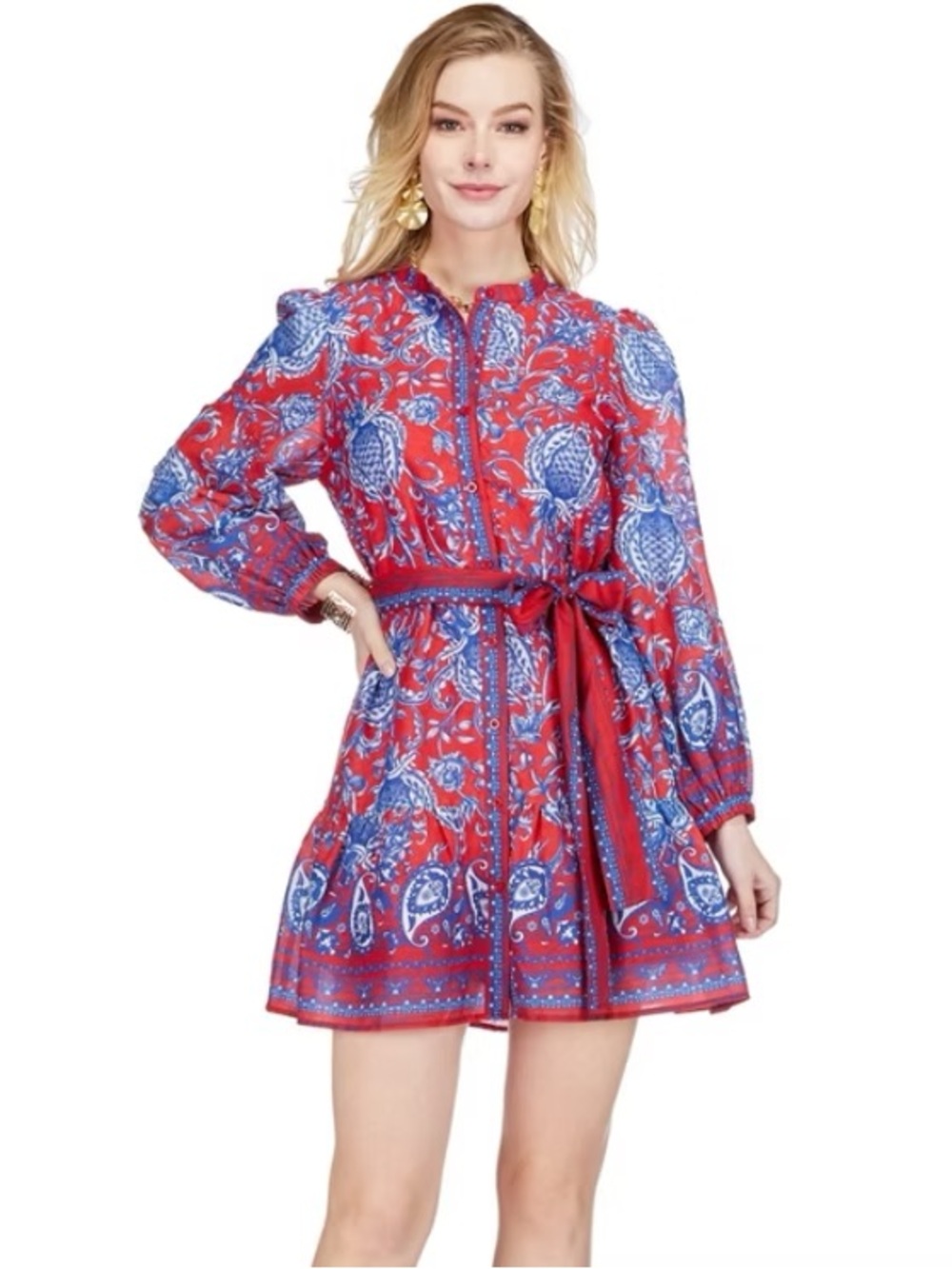 NWT Joy Joy $190 Red & Blue Paisley Button Front Flutter Hem Dress Size L
